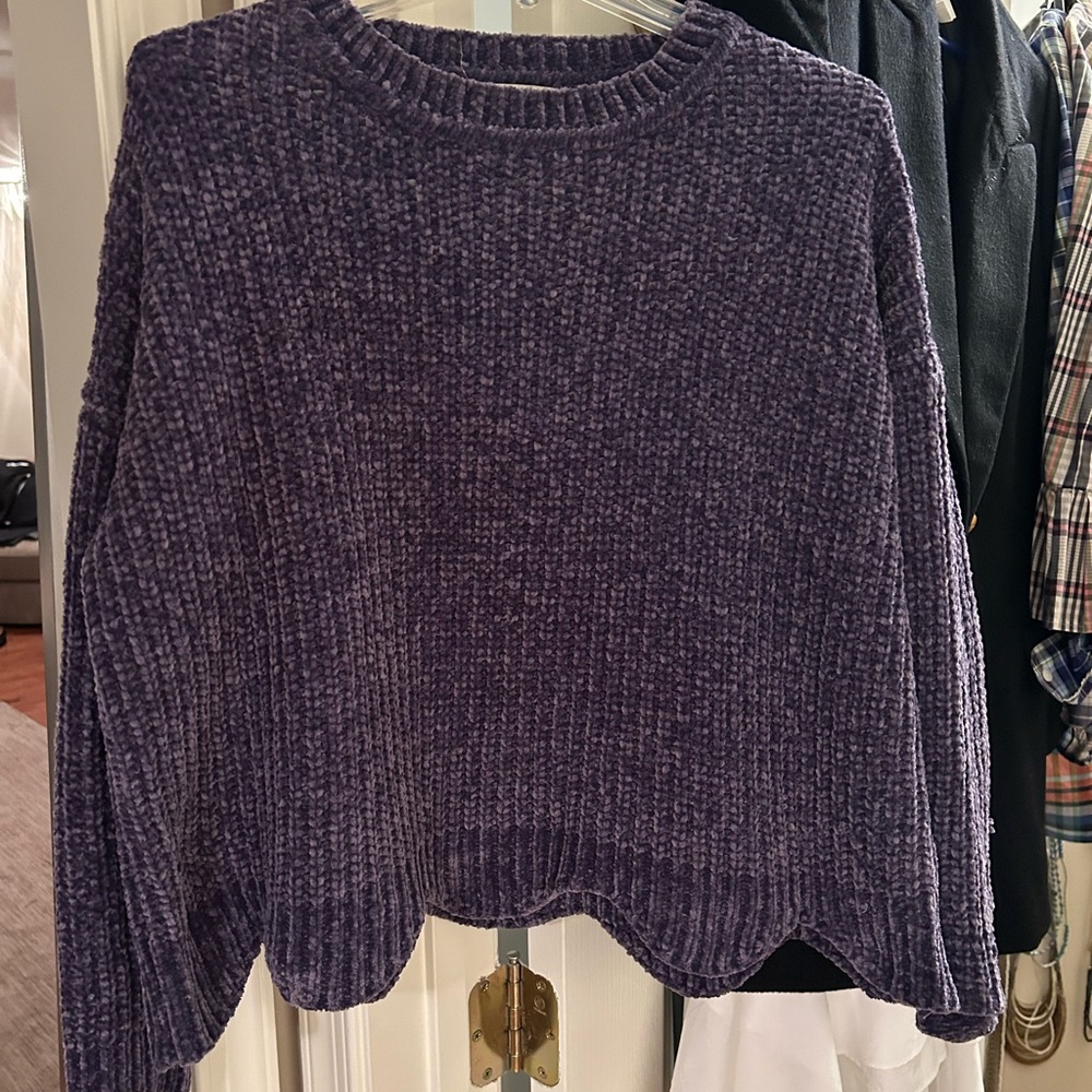 Purple chenille high waisted sweater. Scalloped at the bottom.